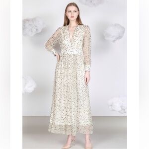 NWT Blank London Phileena Ivory Grey Metallic Wrap Maxi Dress Small Reg. $372